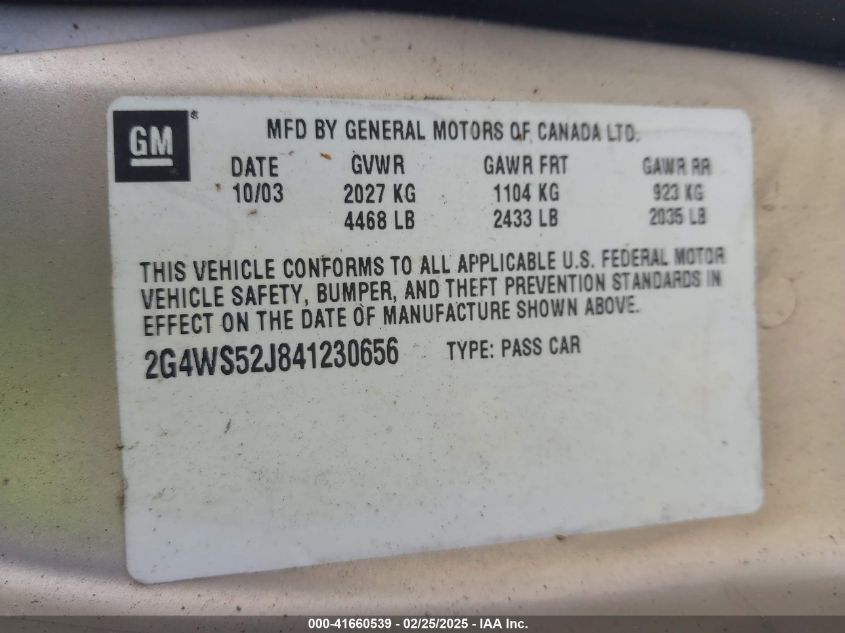 2004 Buick Century VIN: 2G4WS52J841230656 Lot: 41660539