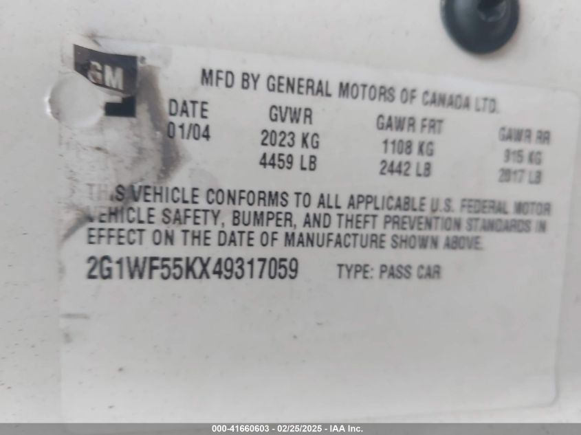 2004 Chevrolet Impala Police VIN: 2G1WF55KX49317059 Lot: 41660603