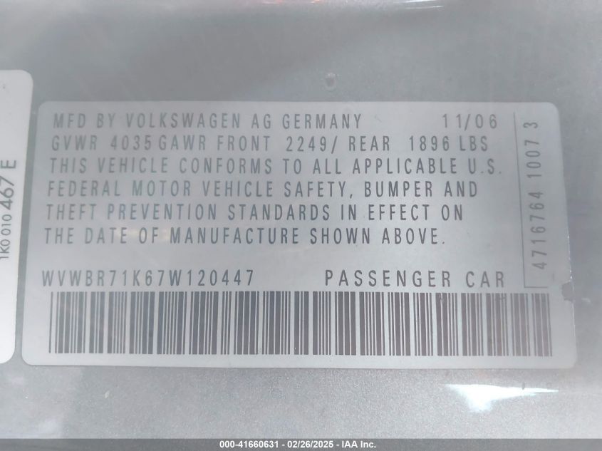 2007 Volkswagen Rabbit 2-Door VIN: WVWBR71K67W120447 Lot: 41660631