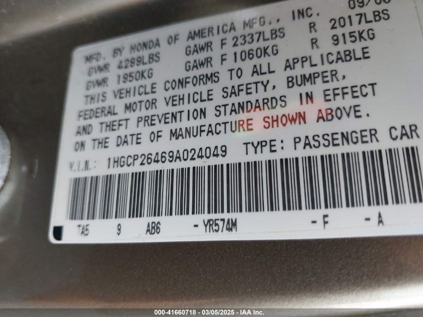2009 Honda Accord 2.4 Lx-P VIN: 1HGCP26469A024049 Lot: 41660718