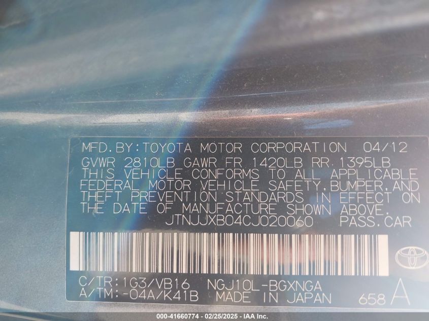 2012 Scion Iq VIN: JTNJJXB04CJ020060 Lot: 41660774