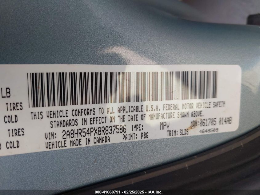 2008 Chrysler Town & Country Touring VIN: 2A8HR54PX8R837586 Lot: 41660791