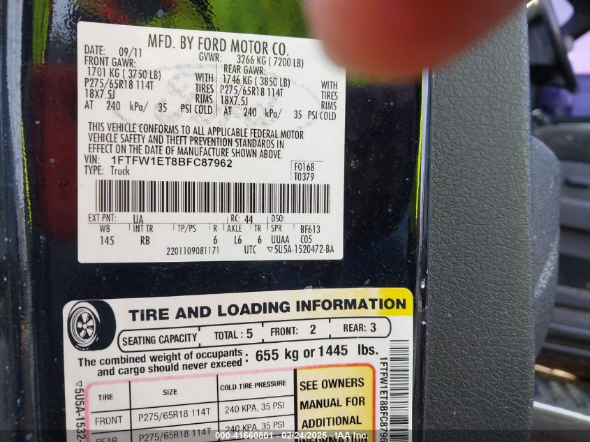 2011 Ford F-150 Fx4 VIN: 1FTFW1ET8BFC87962 Lot: 41660801