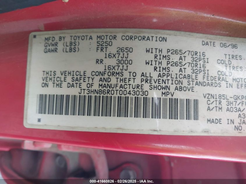 1996 Toyota 4Runner Sr5 VIN: JT3HN86R0T0043030 Lot: 41660826