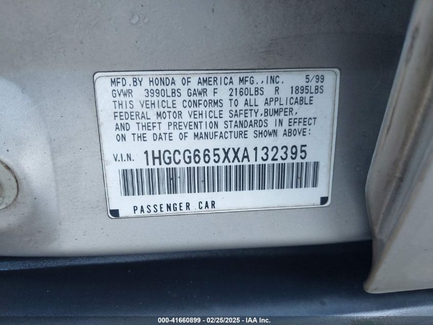 1999 Honda Accord Lx VIN: 1HGCG665XXA132395 Lot: 41660899