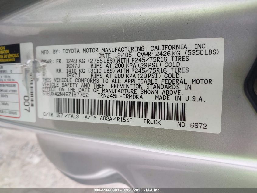 2006 Toyota Tacoma VIN: 5TEUX42N46Z197762 Lot: 41660903