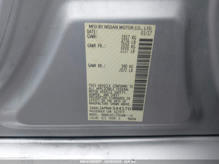 2017 NISSAN ALTIMA VIN: 1N4AL3AP9HN344570