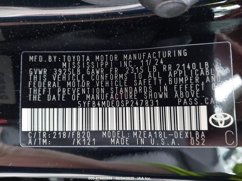 2025 TOYOTA COROLLA VIN: 5YFB4MDE0SP247831