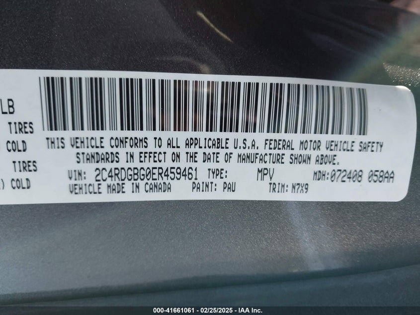 2014 DODGE GRAND CARAVAN VIN: 2C4RDGBG0ER459461