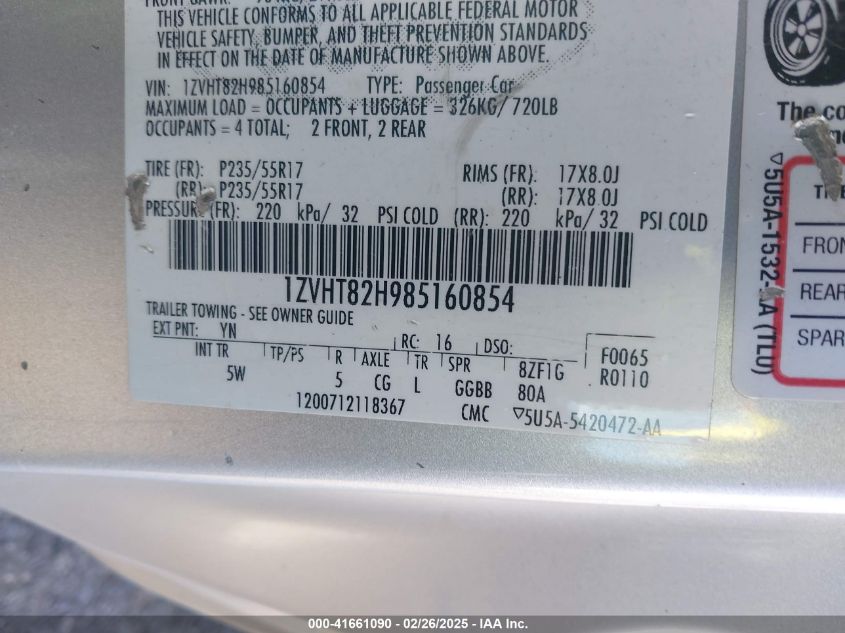 2008 Ford Mustang Gt Deluxe/Gt Premium VIN: 1ZVHT82H985160854 Lot: 41661090