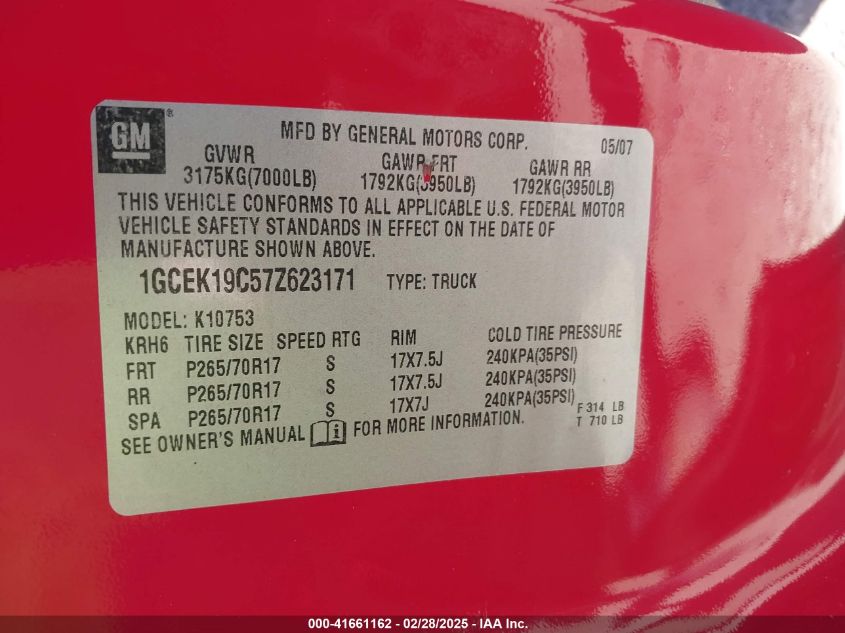 2007 Chevrolet Silverado 1500 Work Truck VIN: 1GCEK19C57Z623171 Lot: 41661162