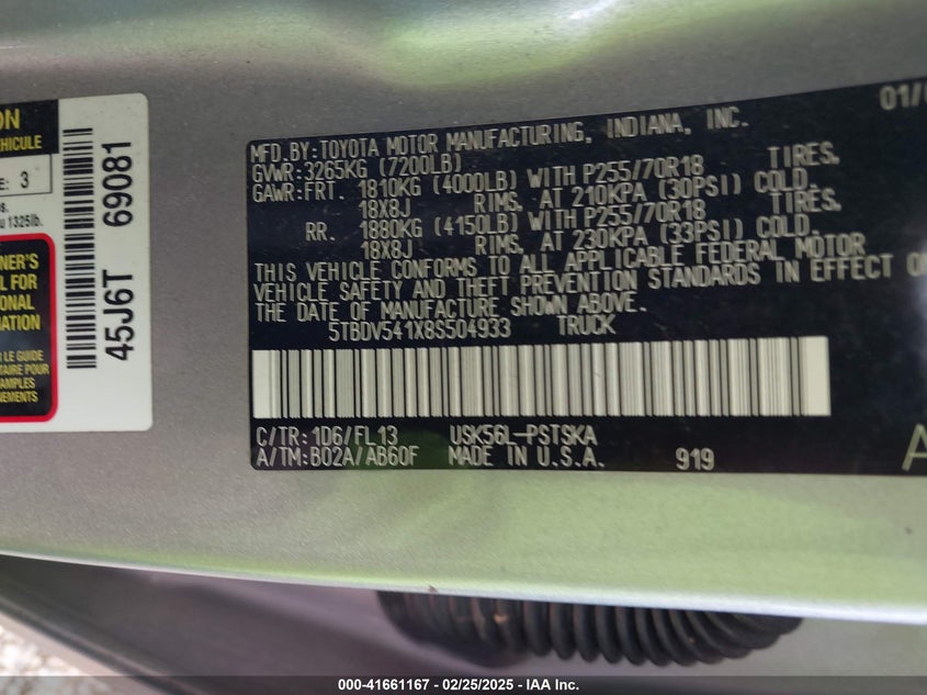 2008 TOYOTA TUNDRA VIN: 5TBDV541X8S504933