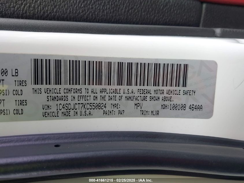 2019 Dodge Durango R/T Awd VIN: 1C4SDJCT7KC550824 Lot: 41661215