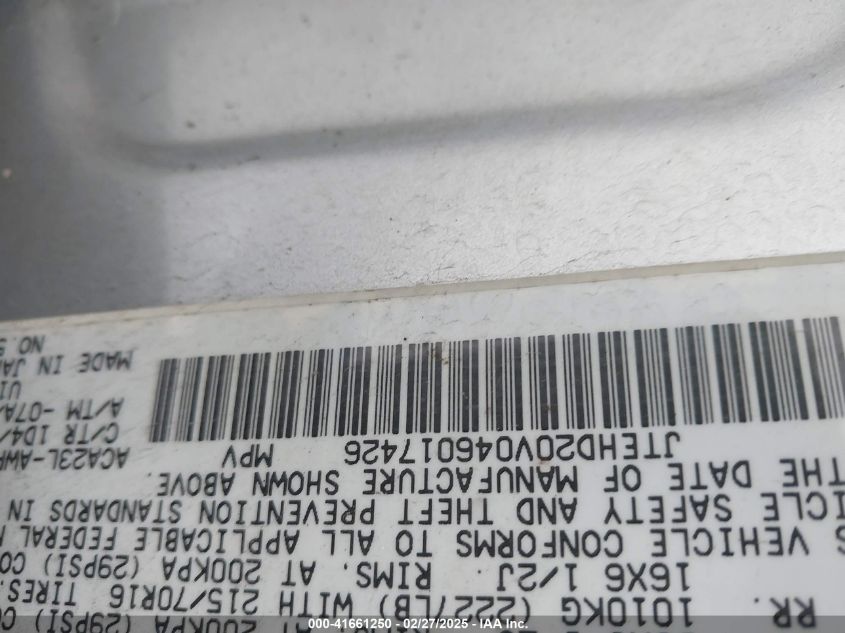 2004 Toyota Rav4 VIN: JTEHD20V046017426 Lot: 41661250