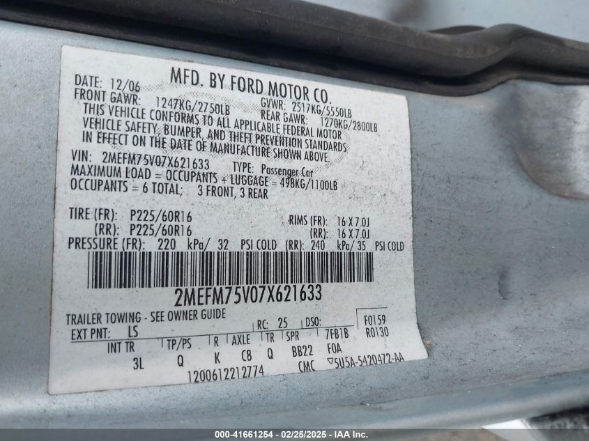 2007 Mercury Grand Marquis Ls VIN: 2MEFM75V07X621633 Lot: 41661254