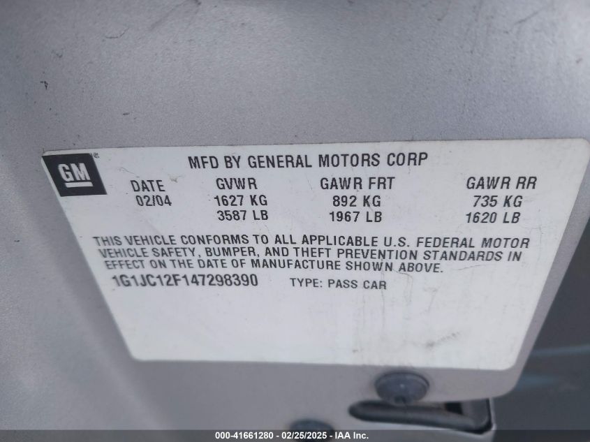 2004 Chevrolet Cavalier VIN: IGIJCI2F147298390 Lot: 41661280