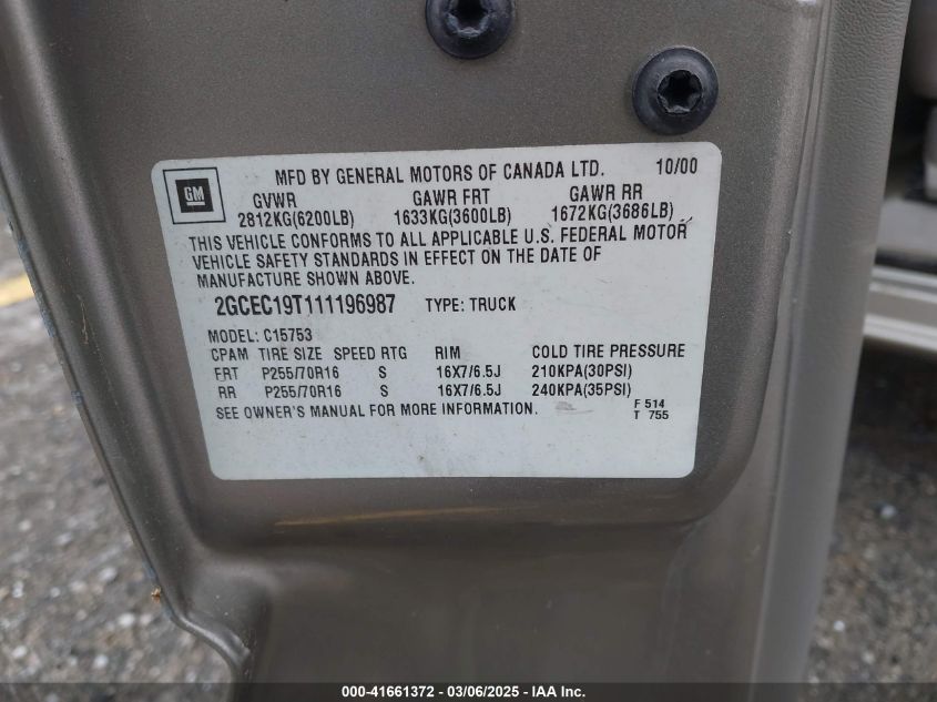 2001 Chevrolet Silverado 1500 Ls VIN: 2GCEC19T111196987 Lot: 41661372