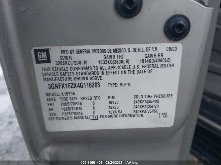 2004 Chevrolet Suburban 1500 Ls VIN: 3GNFK16ZX4G116203 Lot: 41661408