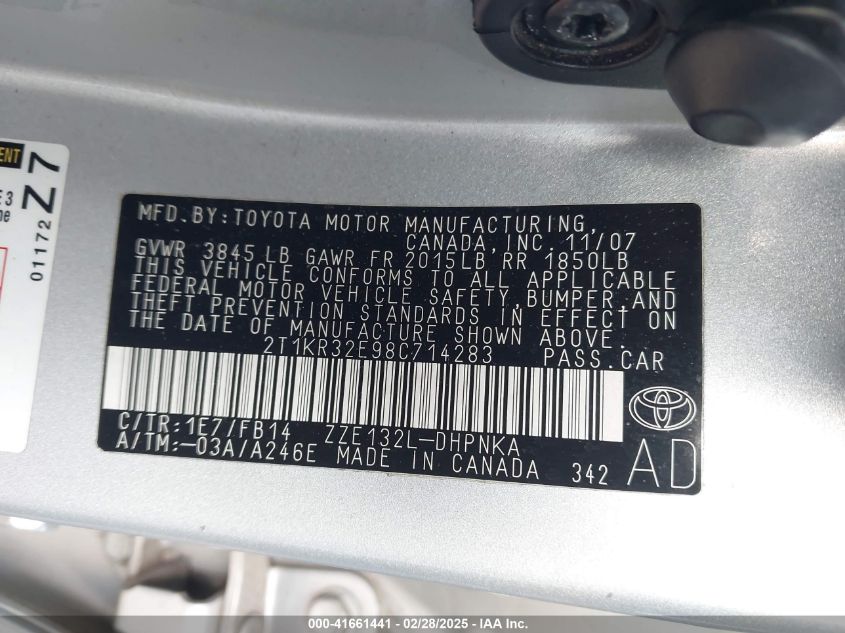 2008 Toyota Matrix Xr VIN: 2T1KR32E98C714283 Lot: 41661441