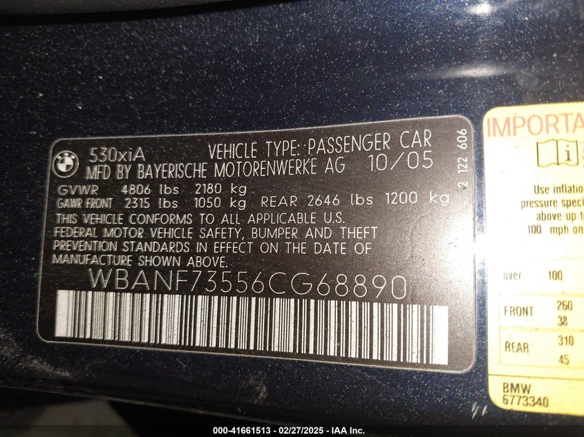 2006 BMW 530 VIN: WBANF73556CG68890