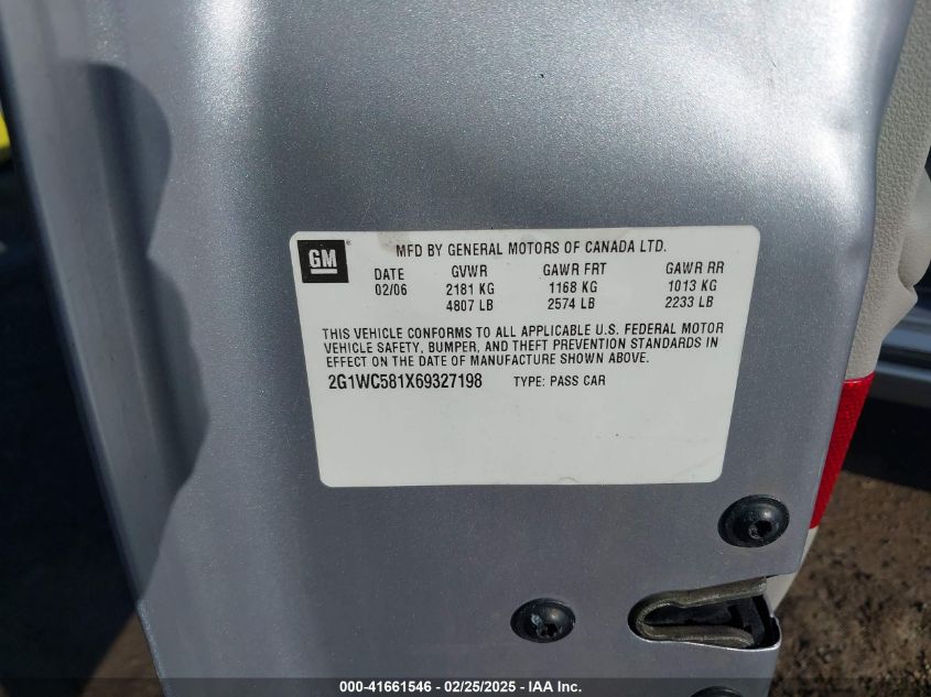 2006 Chevrolet Impala Lt VIN: 2G1WC581X69327198 Lot: 41661546