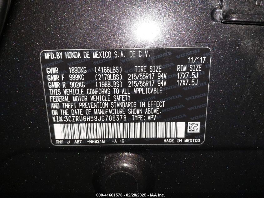 2018 Honda Hr-V Ex VIN: 3CZRU6H58JG706378 Lot: 41661575