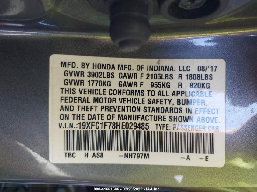 2017 HONDA CIVIC VIN: 19XFC1F78HE029485
