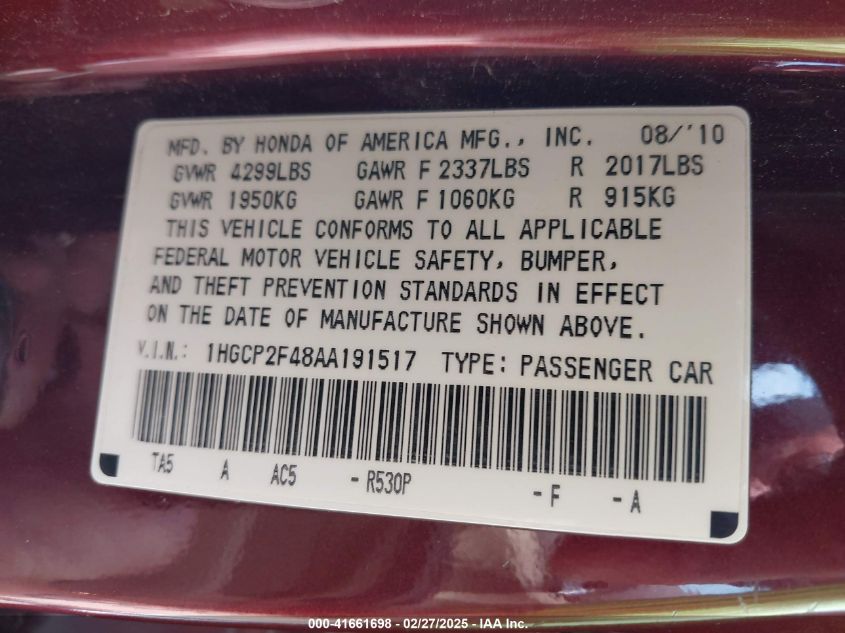 2010 Honda Accord 2.4 Lx-P VIN: 1HGCP2F48AA191517 Lot: 41661698