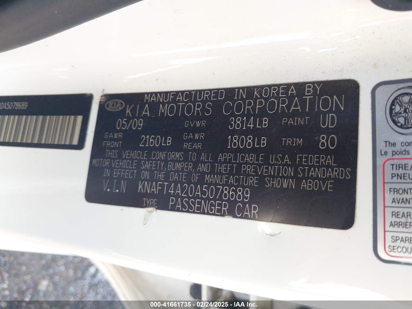 2010 KIA FORTE VIN: KNAFT4A20A5078689