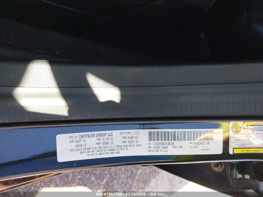 2012 CHRYSLER 200 VIN: 1C3CCBCB8CN188128