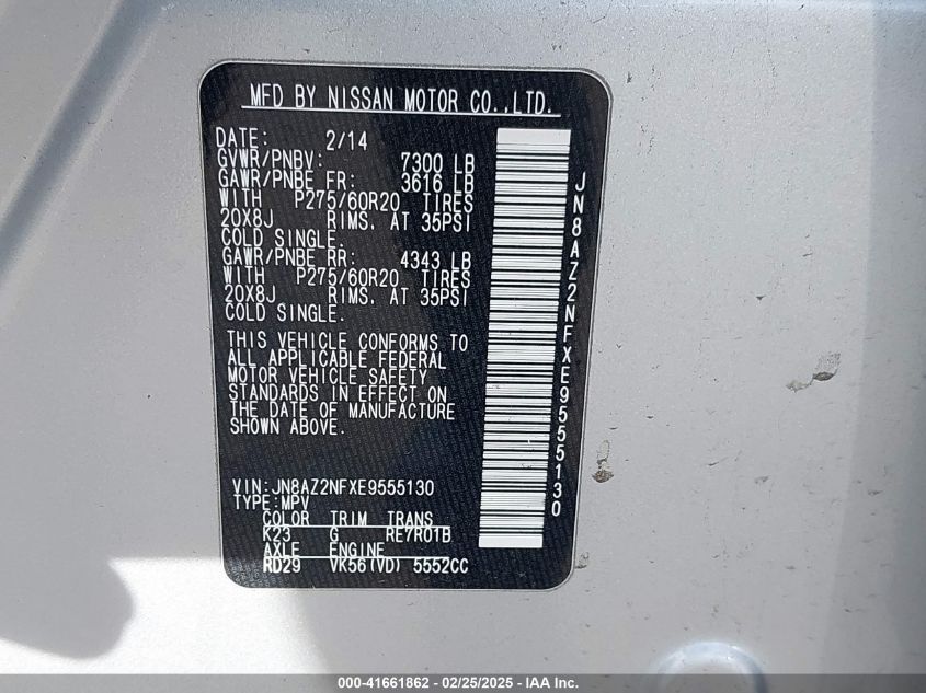 2014 Infiniti Qx80 VIN: JN8AZ2NFXE9555130 Lot: 41661862