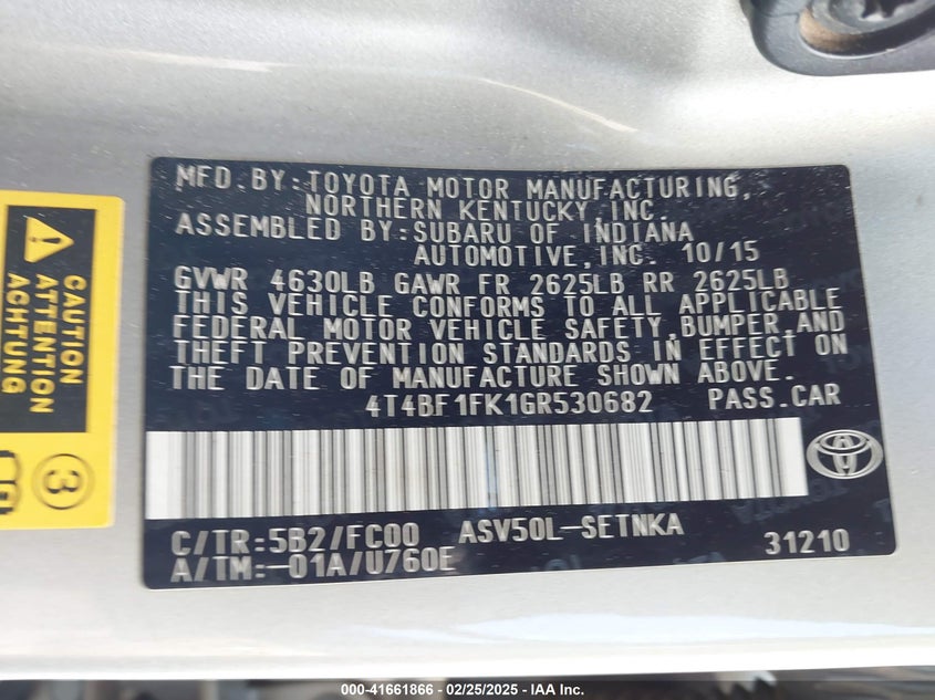 2016 TOYOTA CAMRY VIN: 4T4BF1FK1GR530682