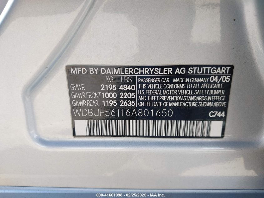 2006 Mercedes-Benz E 350 VIN: WDBUF56J16A801650 Lot: 41661998