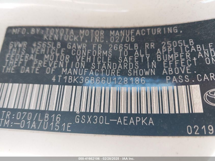 2006 Toyota Avalon Limited VIN: 4T1BK36B66U128186 Lot: 41662106