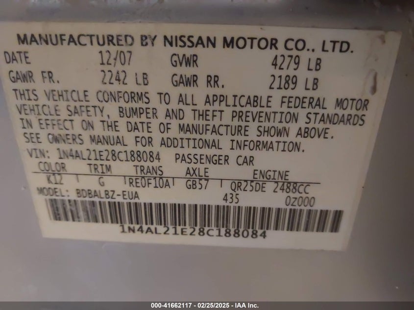 2008 NISSAN ALTIMA VIN: 1N4AL21E28C188084