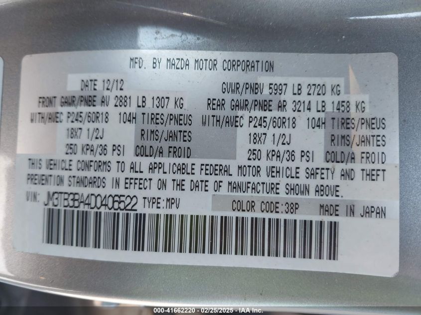 2013 Mazda Cx-9 Sport VIN: JM3TB3BA4D0406522 Lot: 41662220