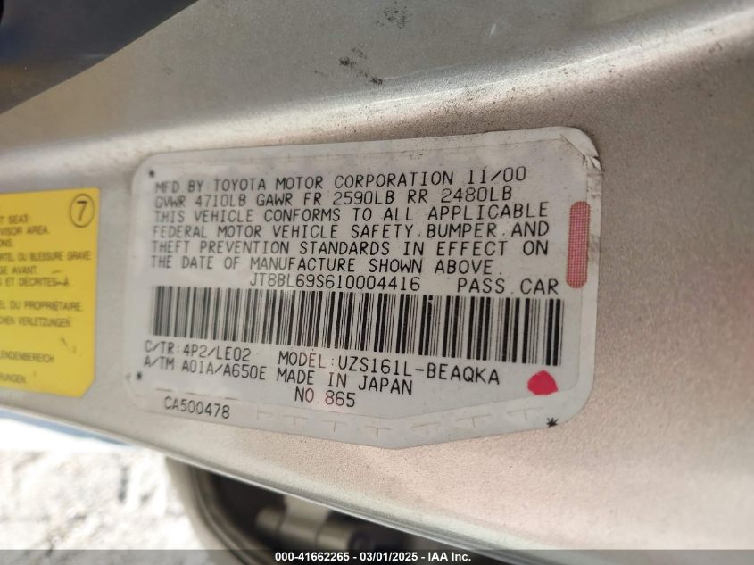 2001 Lexus Gs 430 VIN: JT8BL69S610004416 Lot: 41662265