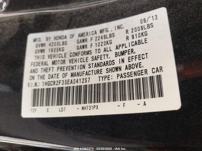 2014 HONDA ACCORD VIN: 1HGCR2F35EA041257
