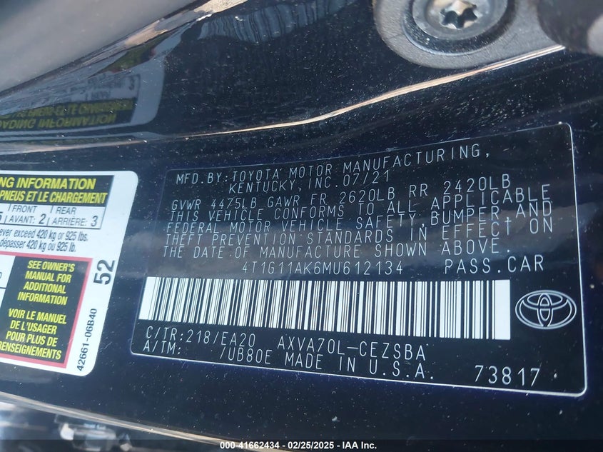2021 TOYOTA CAMRY VIN: 4T1G11AK6MU612134