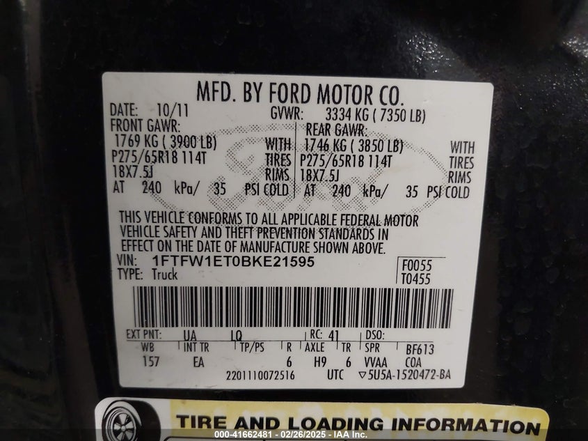 2011 FORD F-150 VIN: 1FTFW1ET0BKE21595