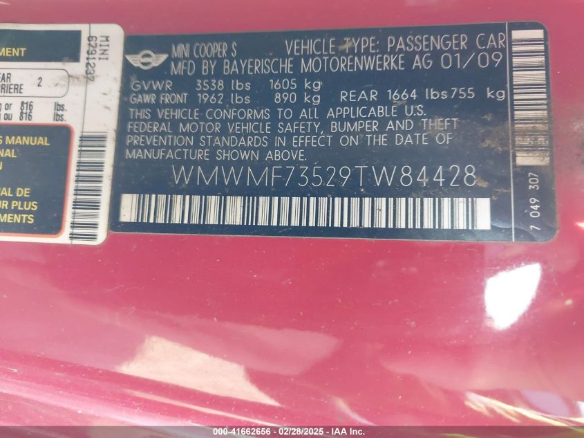 2009 Mini Cooper S VIN: WMWMF73529TW84428 Lot: 41662656