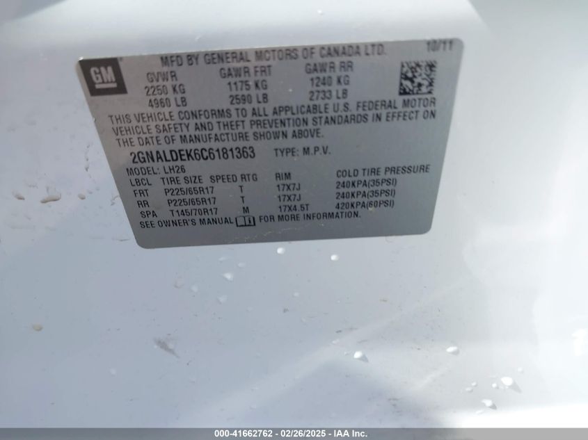 2012 Chevrolet Equinox 1Lt VIN: 2GNALDEK6C6181363 Lot: 41662762