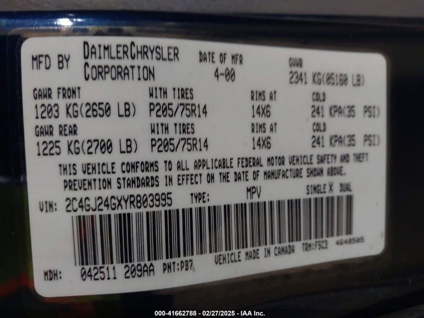 2000 Chrysler Grand Voyager VIN: 2C4GJ24GXYR803995 Lot: 41662788