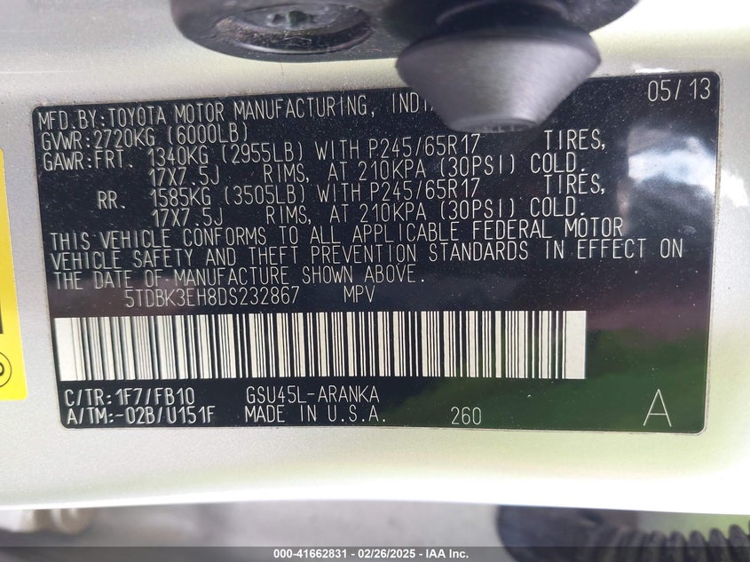 2013 TOYOTA HIGHLANDER VIN: 5TDBK3EH8DS232867