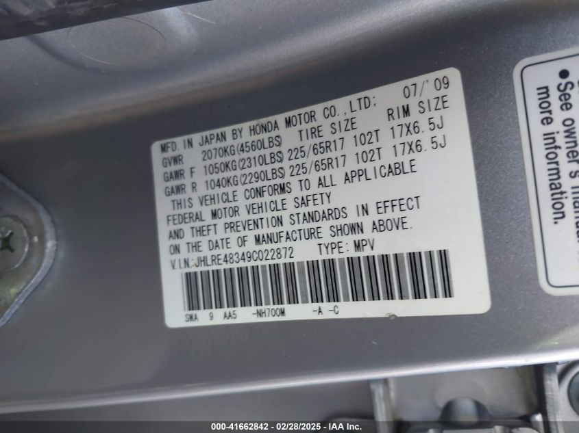 2009 Honda Cr-V Lx VIN: JHLRE48349C022872 Lot: 41662842