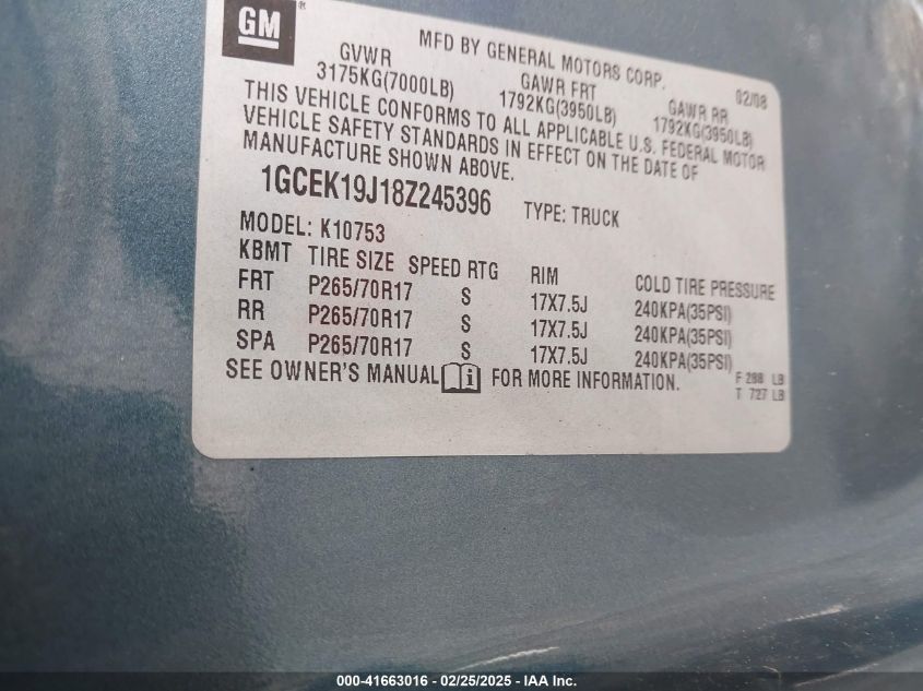 2008 Chevrolet Silverado 1500 Work Truck VIN: 1GCEK19J18Z245396 Lot: 41663016