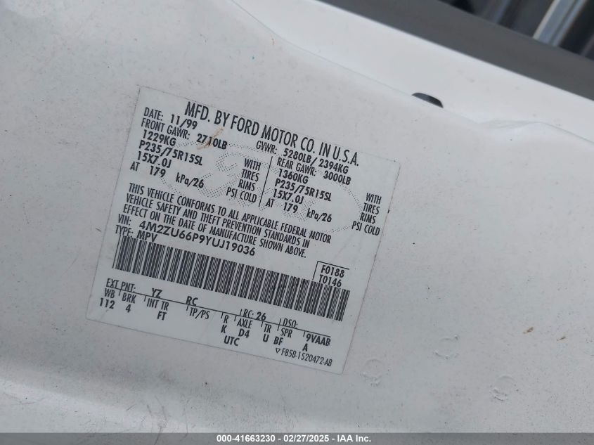 2000 Mercury Mountaineer VIN: 4M2ZU66P9YUJ19036 Lot: 41663230