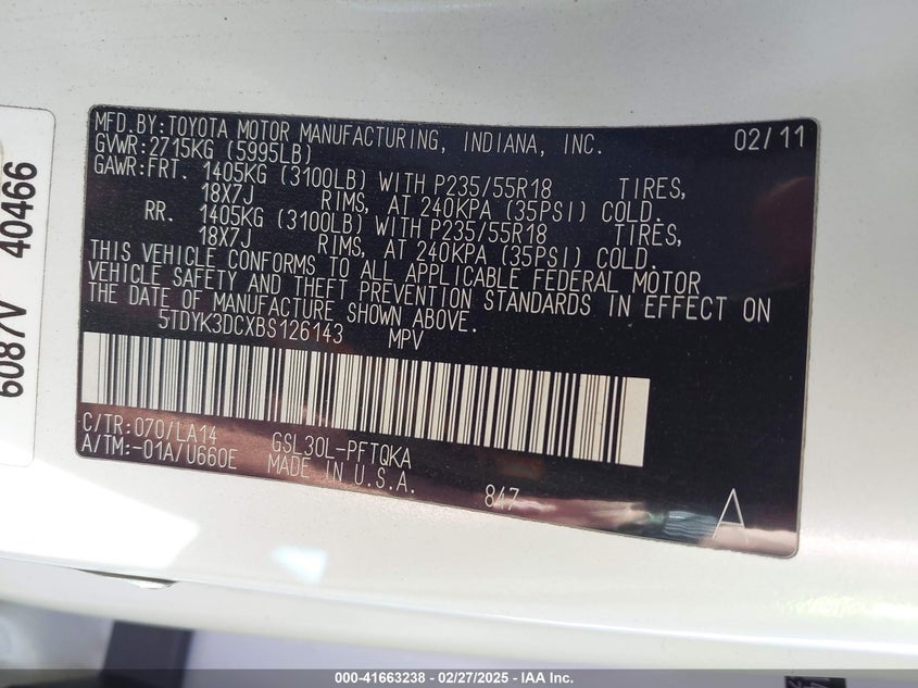 2011 TOYOTA SIENNA VIN: 5TDYK3DCXBS126143