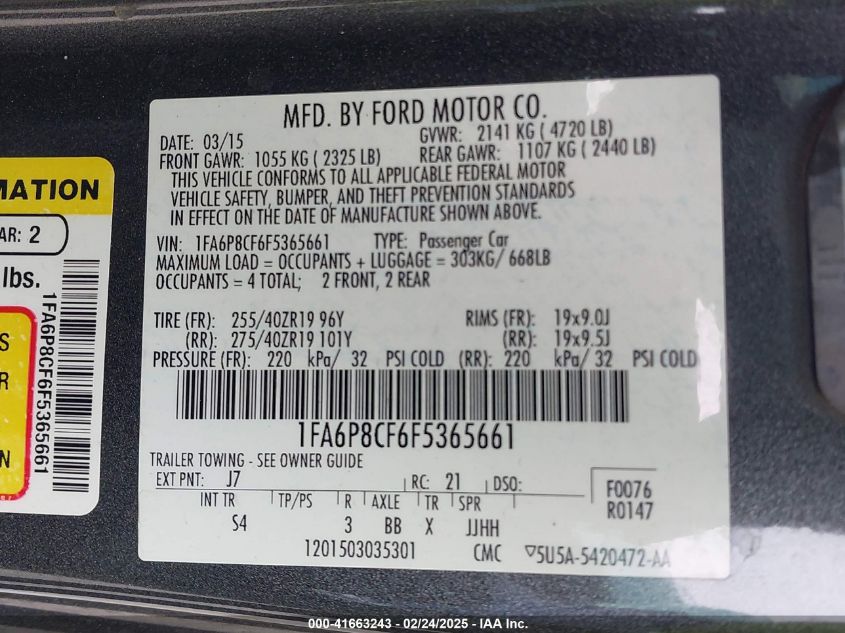 2015 Ford Mustang Gt Premium VIN: 1FA6P8CF6F5365661 Lot: 41663243