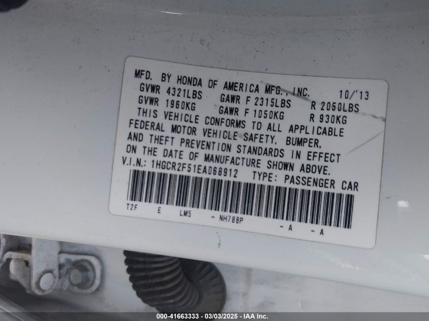 2014 Honda Accord Sport VIN: 1HGCR2F51EA068912 Lot: 41663333